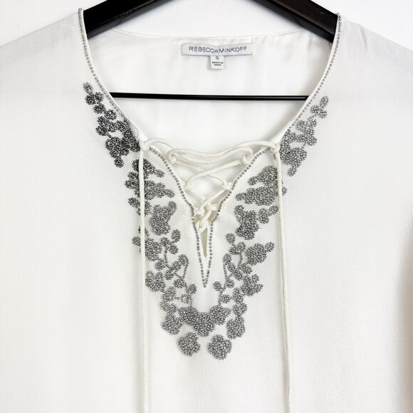 Rebecca Minkoff 100% Silk Chiffon Beaded Lace-Up VNeck Blouse White - S - Picture 2 of 9